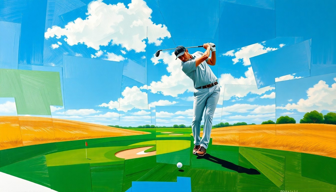 A cubist, geometric painting depicting a golfer's swing and motion on the tee box, broken down into sharp, overlapping planes of green, tan, and blue, conveying the raw energy and movement of the sport.