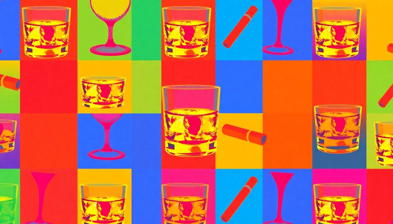 A brightly colored, high-contrast silkscreen print of a whiskey glass repeated in a tight grid pattern, capturing the sophisticated yet playful spirit of The Algiers Club's new location in Heath, Texas.