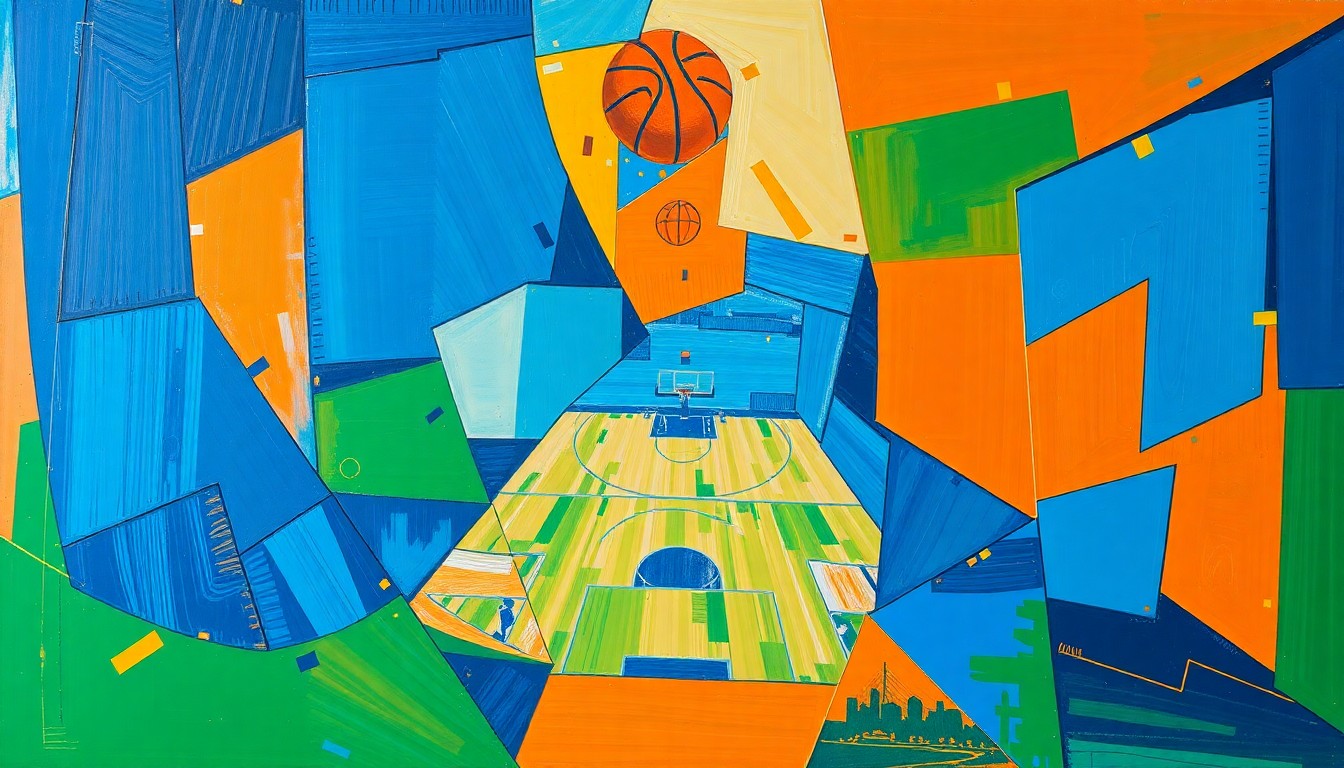 A fragmented, geometric painting depicting a college basketball game or match, with sharp planes of blue, orange, and green overlapping to create a dynamic, abstract composition.