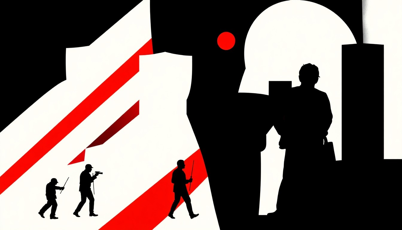 A minimalist, abstract illustration featuring bold, jagged shapes and high-contrast colors, conceptually representing the diverse programming and community spirit of the Minneapolis St. Paul International Film Festival.