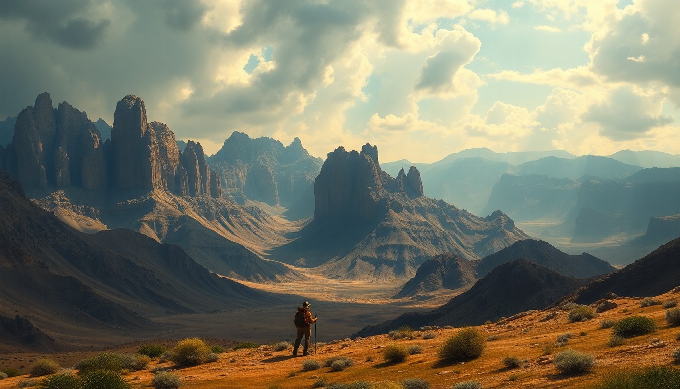A sweeping, majestic desert landscape painting in muted earth tones, with towering rock formations and a dramatic, cloudy sky. A tiny, distant figure of a hiker is dwarfed by the overwhelming scale of the natural environment.