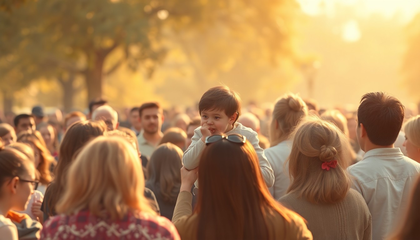 An abstract, out-of-focus photograph depicting a crowd of people in a park or outdoor setting, with soft, warm colors and a sense of community and togetherness.