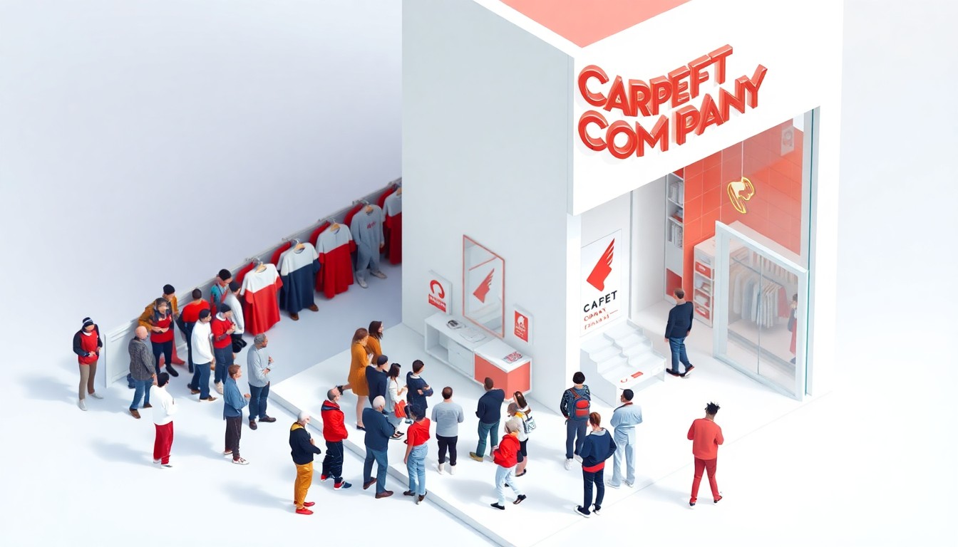 An abstract, minimalist 3D illustration showing the interior of a modern streetwear store with clean white and red decor, surrounded by a crowd of stylized figures waiting in line outside, conveying the energy and excitement of the Carpet Company store opening.