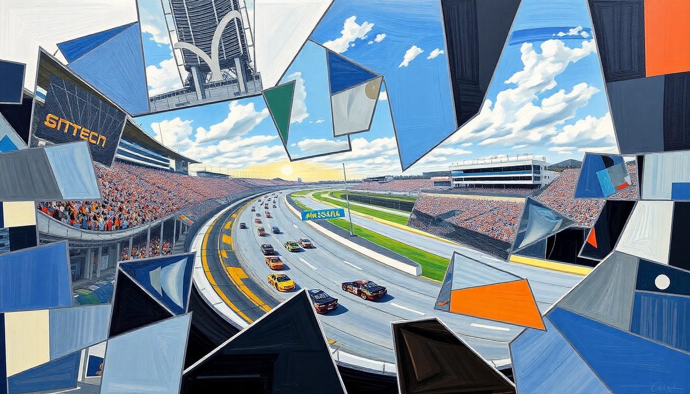 A fractured, geometric painting depicting the intense action of a NASCAR Craftsman Truck Series race at Bristol Motor Speedway, with the trucks and track broken down into sharp, overlapping planes of color and form.