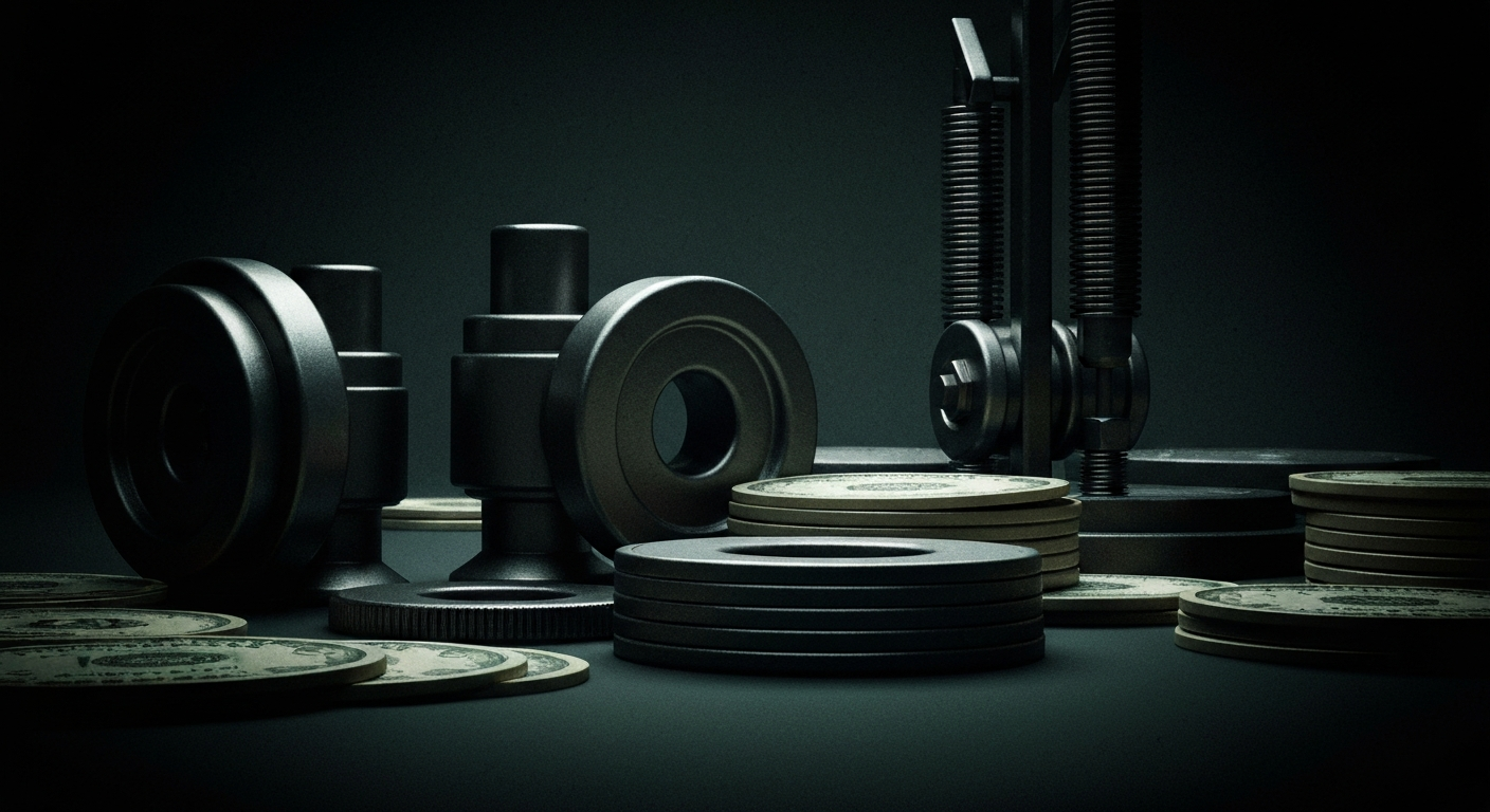 A close-up image of heavy, metallic banking machinery and mechanisms, rendered in a high-contrast, cinematic style that evokes a sense of financial security and institutional wealth without using literal currency or charts.