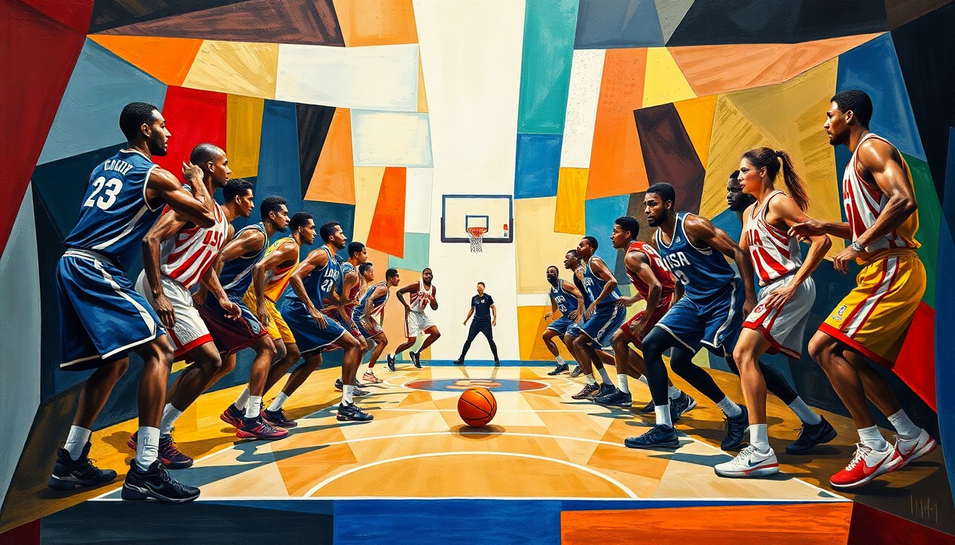 A cubist-style painting depicting a basketball game in abstract geometric shapes and planes of color, with the players' forms fragmented and deconstructed, conceptually representing the competitive intensity of high-level basketball.