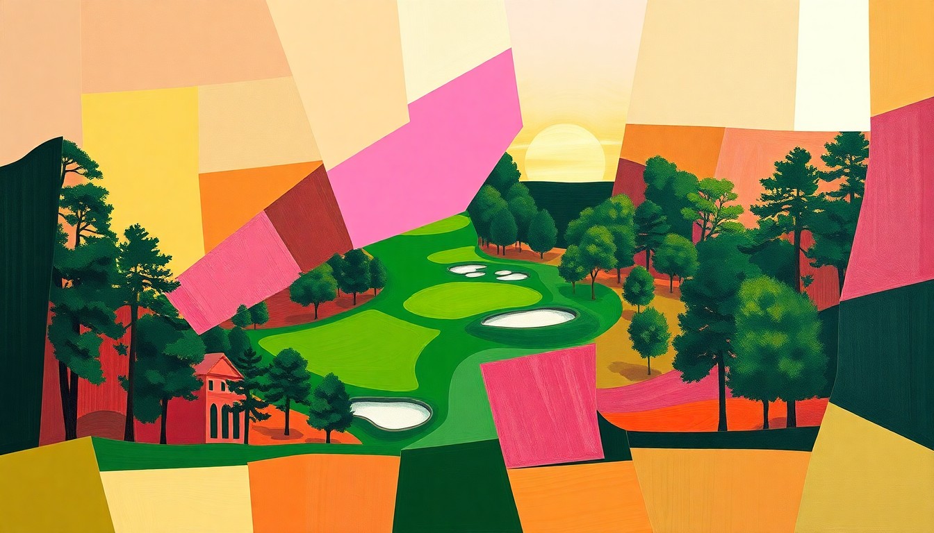 A fragmented, geometric painting depicting the iconic Augusta National Golf Club course, with sharp planes of green, pink, and tan representing the various trees, flowers, and terrain that define the legendary venue.