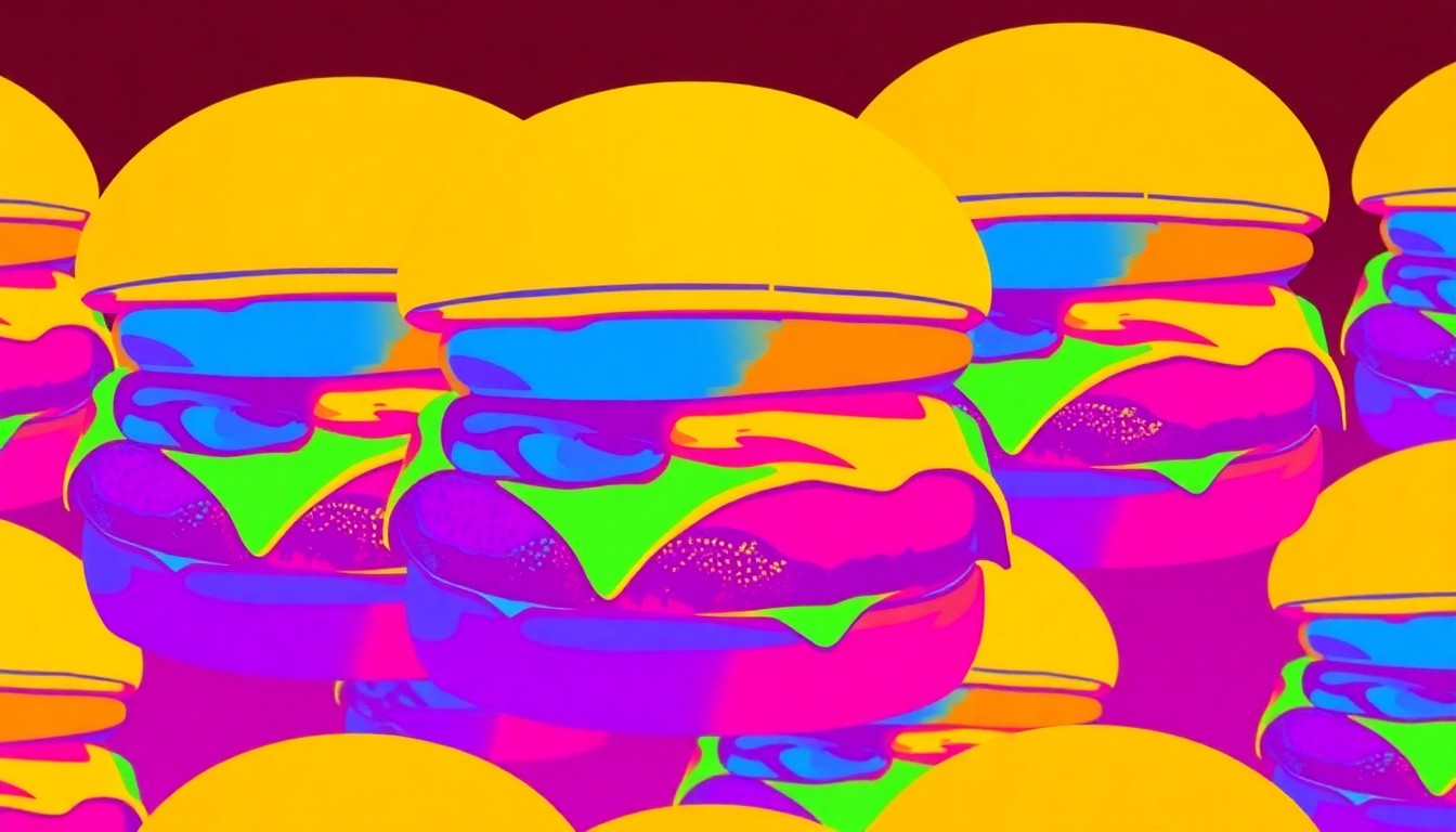 A brightly colored, high-contrast silkscreen print of a single, iconic Burger King King Size Slider repeated in a tight grid pattern, utilizing flat, vibrant, and unnatural neon color palettes overlapping with heavy black photographic outlines to turn the everyday burger into modern pop art.