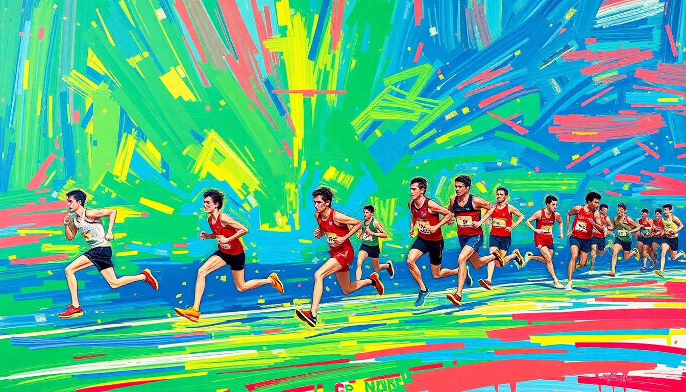 An abstract, energetic painting in neon colors depicting runners in motion around a lake, capturing the excitement and athleticism of the Lake Oswego Lake Run.