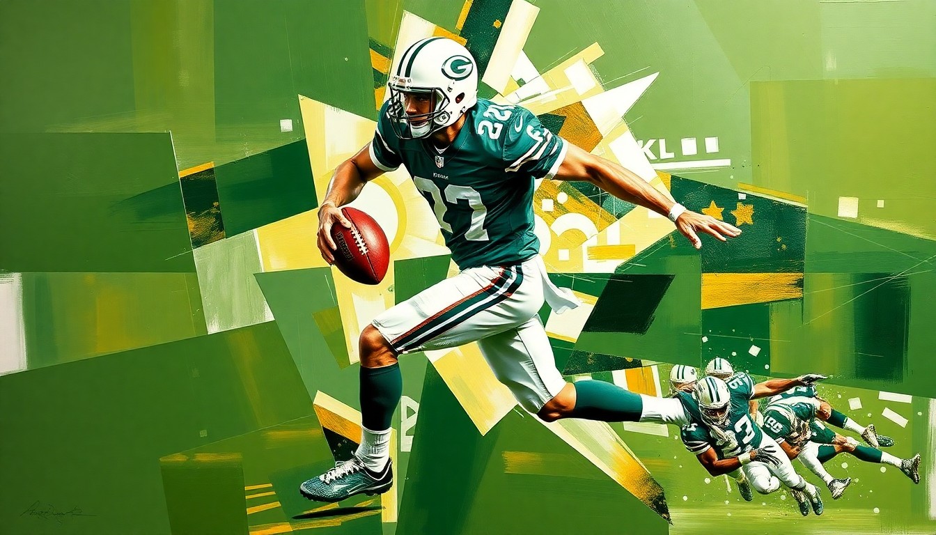 A cubist-style painting depicting a football player in mid-motion, broken down into fragmented geometric shapes in shades of green, gold, and white, conveying the dynamic energy of the sport.