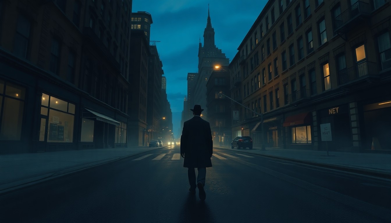 A moody, cinematic painting depicting a lone Jewish person walking down a deserted New York City street at night, the buildings casting long shadows and the sky a deep blue, capturing a sense of unease and isolation in the face of rising hate.