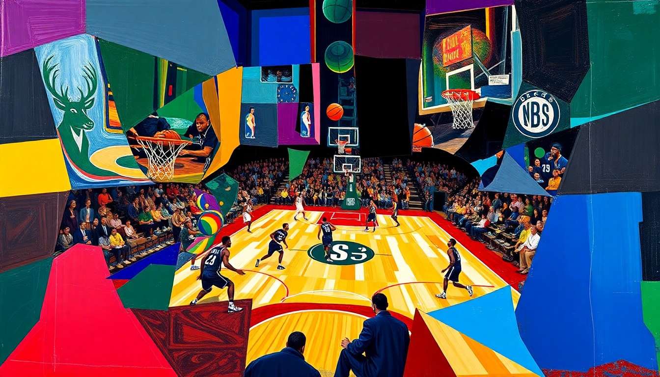 A cubist, geometric painting depicting a basketball game, with sharp, overlapping planes of color representing the players and action on the court.