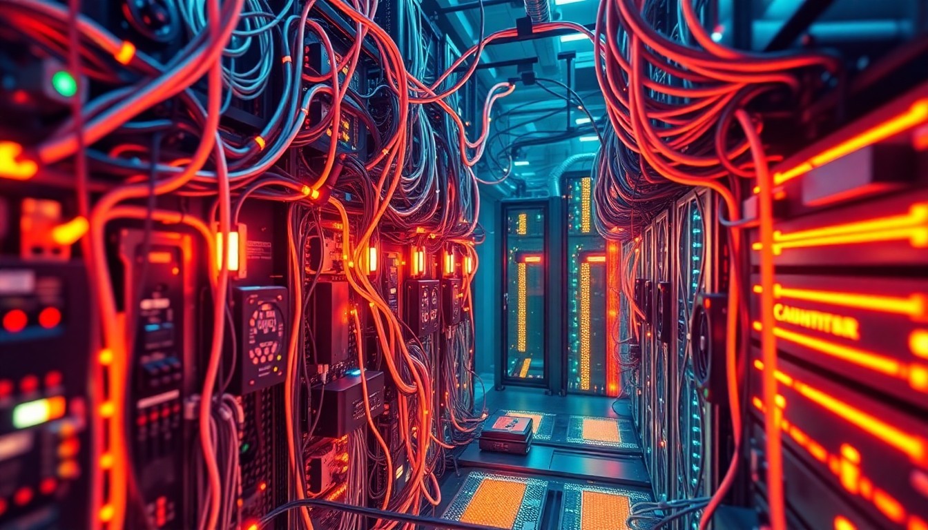 A highly detailed, luminous 3D illustration of a tangled web of neon-lit circuit boards, cables, and server racks, conceptually representing the complex digital infrastructure underlying the n8n workflow automation platform and the potential fragility of this critical system.