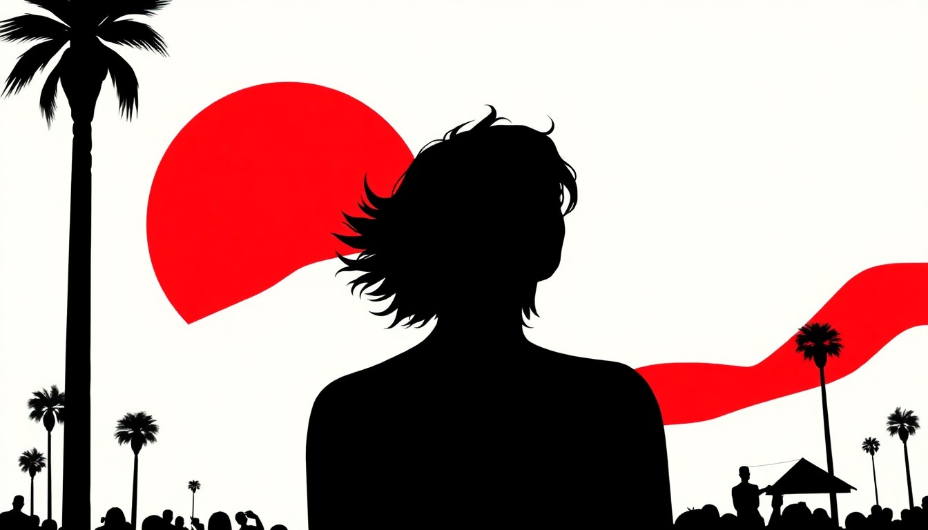 A bold, abstract composition featuring stark, jagged geometric shapes in high-contrast red and white, conceptually representing the energy and surprises of Coachella 2026.