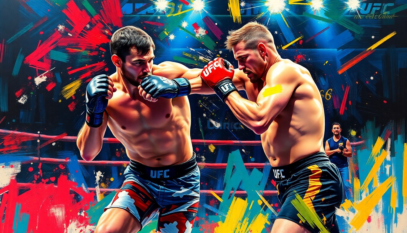 An abstract, expressionist painting in neon colors depicting the explosive striking movements and energy of a mixed martial arts fight, capturing the intensity and drama of the octagon.