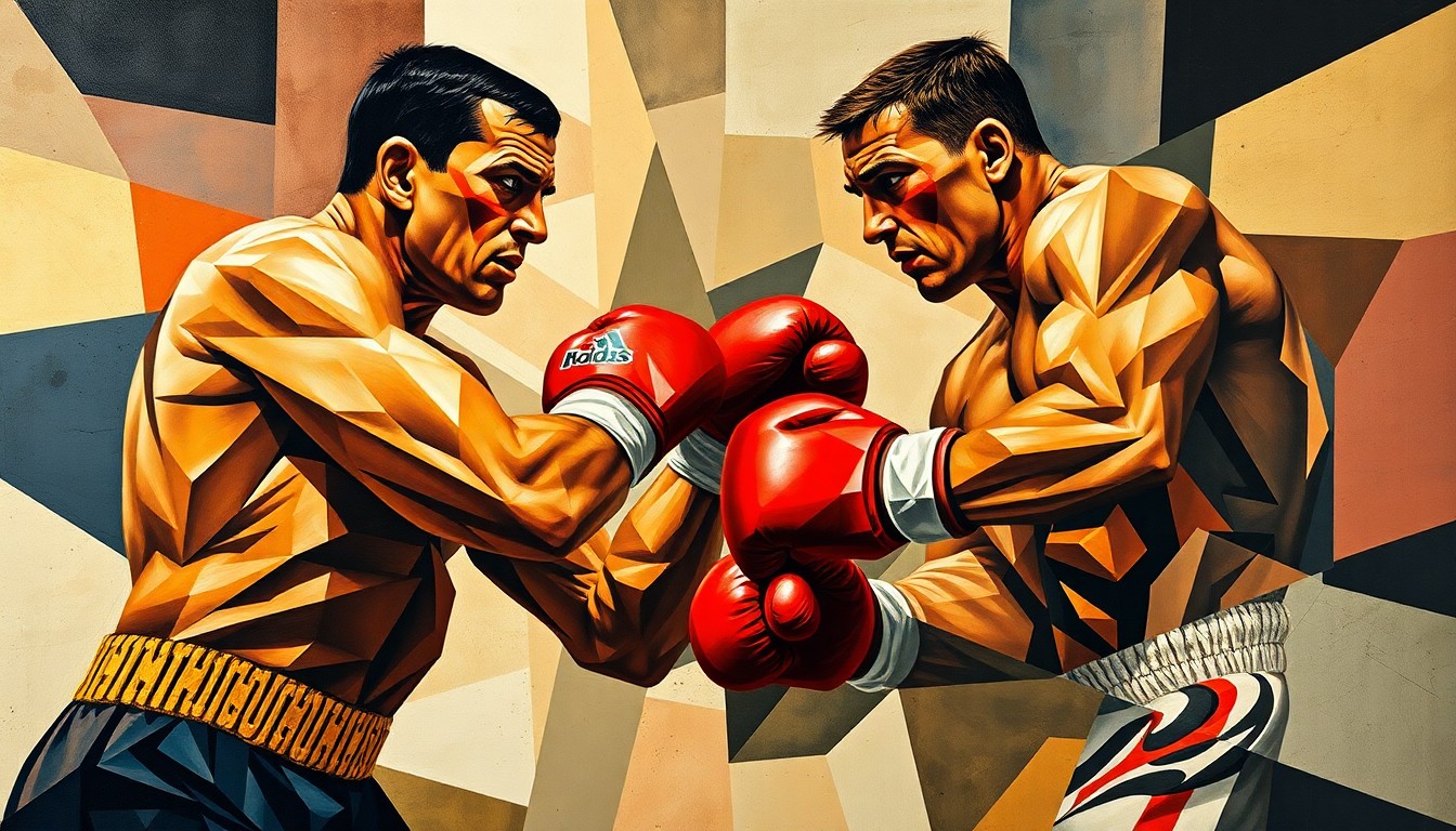A cubist, geometric painting depicting the abstracted forms of two boxers engaged in a match, their bodies and faces fractured into sharp, overlapping planes that convey a sense of raw energy and tension.