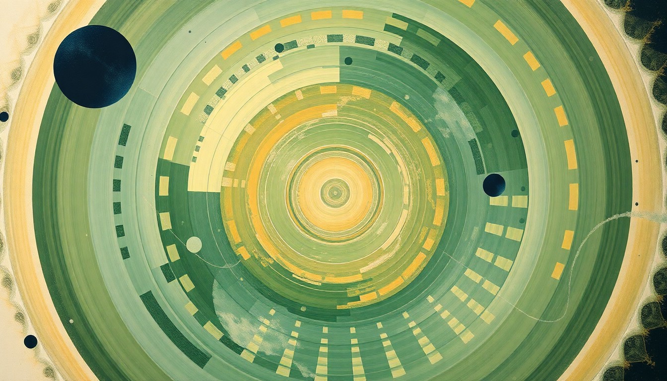 A highly structured abstract painting in earthy tones of green, blue, and orange, featuring sweeping geometric arcs, concentric planetary circles, and precise botanical spirals, conceptually representing the Artemis II mission and the Earthrise phenomenon.