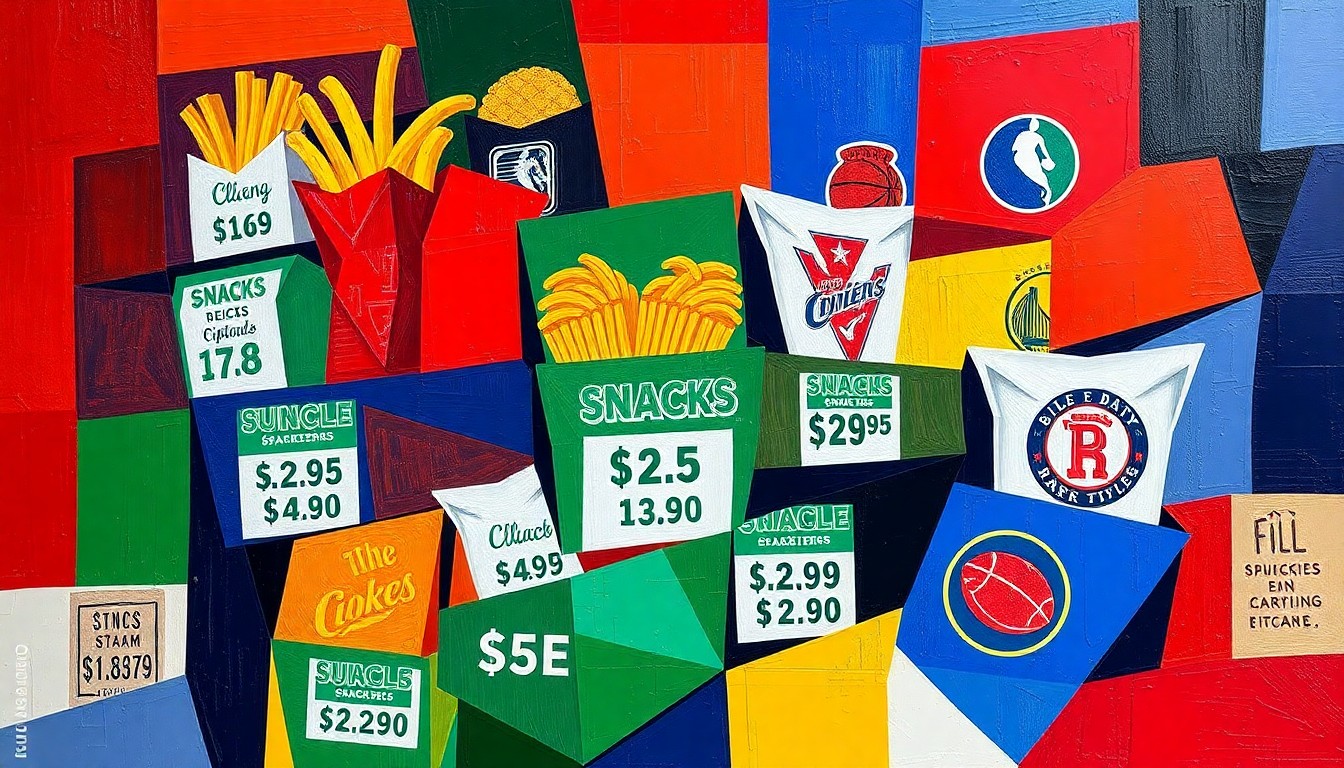 A fragmented, geometric painting in bold colors representing the complex economics of NBA game-night snacks.