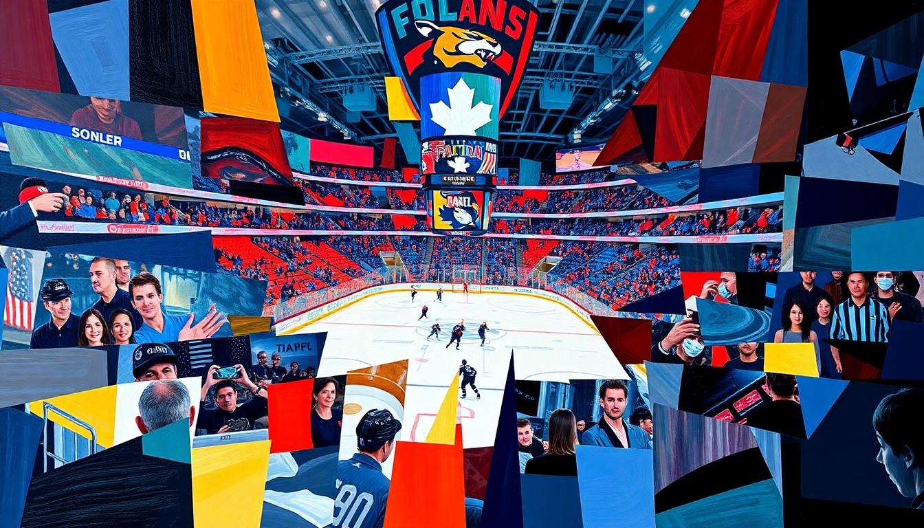 A fragmented, geometric painting depicting a hockey game between the Florida Panthers and Toronto Maple Leafs, with the players and arena elements broken down into sharp, overlapping planes of color.
