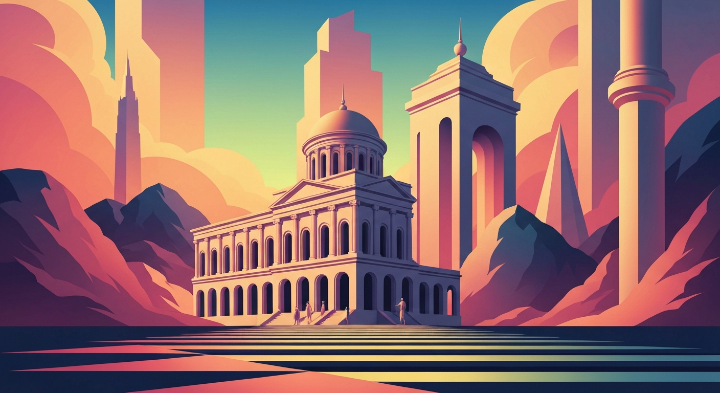 A highly stylized, geometric illustration in the Art Deco Monumentalist style, featuring sweeping, smooth gradients and towering forced perspectives that capture the grand scale and romantic essence of literary travel, without any literal depictions of people, places, or text.