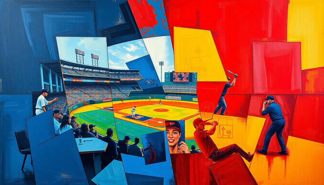 A cubist-style painting depicting a baseball game or action, with the players and field broken down into sharp, overlapping geometric shapes in vibrant colors like navy, crimson, and gold, conveying the dynamic energy and potential of the young prospect's debut.
