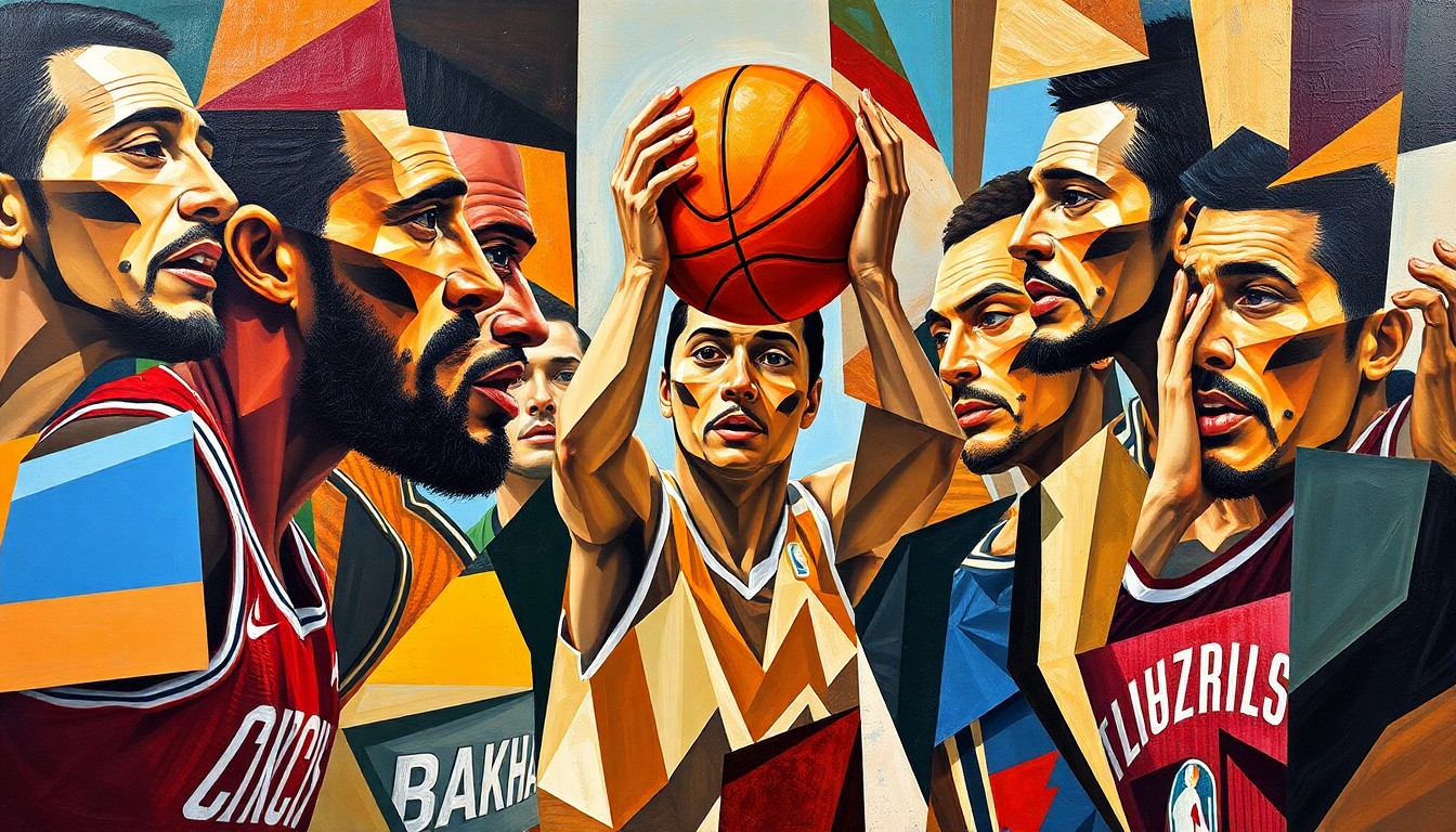 A fractured, multi-perspective painting in a cubist style, breaking down a basketball game or competition into sharp, overlapping geometric planes of color and form, without any recognizable faces or identities.