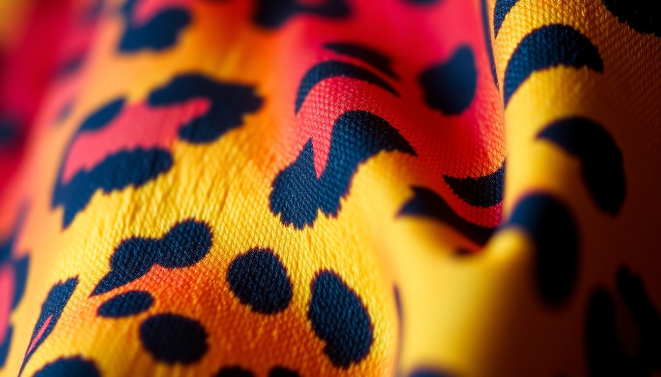 An extreme close-up photograph of a textured animal print fabric in a vibrant color palette, capturing the bold and expressive energy of the 'The Cheetah Girls' aesthetic.