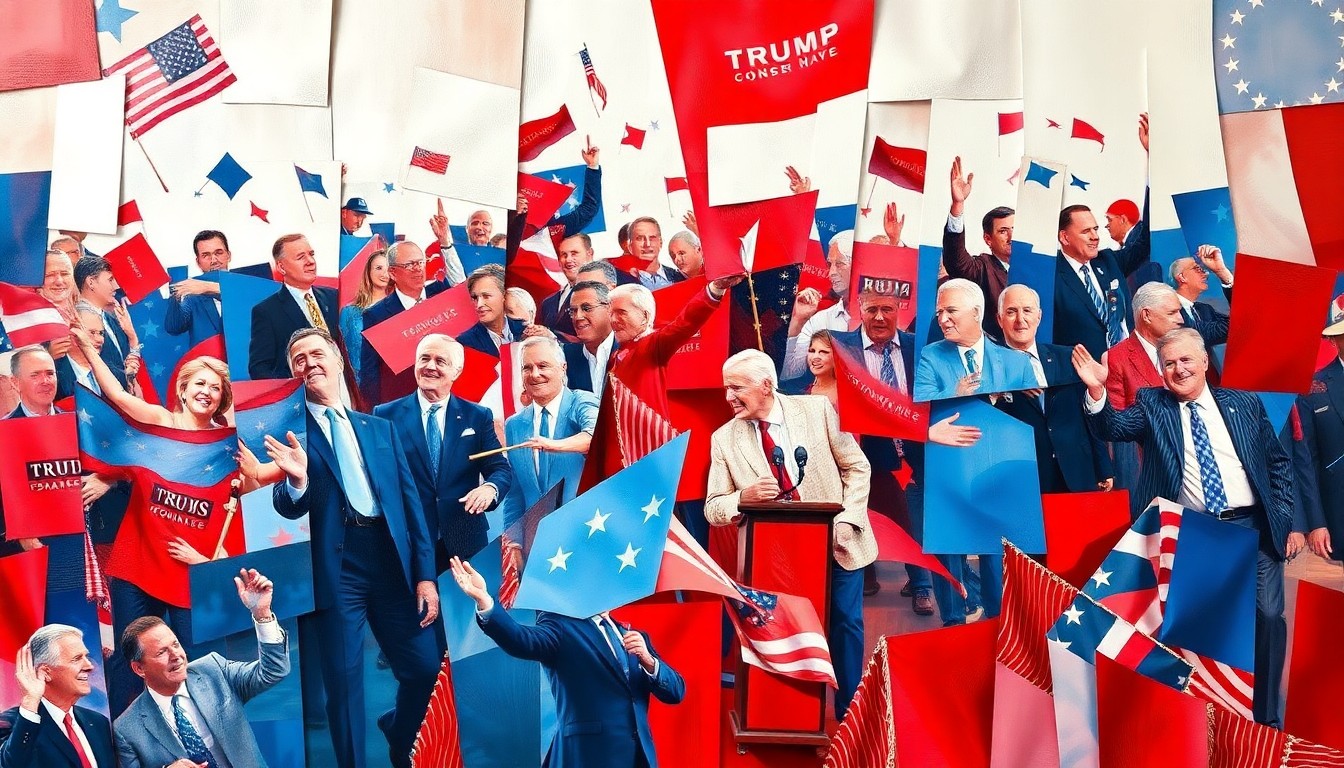 A dynamic, abstract painting in red, white, and blue hues, with overlapping, fragmented shapes and figures representing the internal tensions and disagreements within the conservative political landscape.