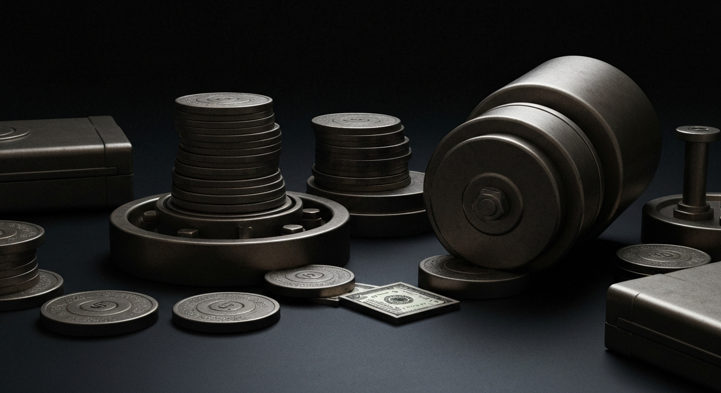 An extreme close-up of gears, levers, and other industrial machinery, conveying the heavy, physical nature of financial institutions and the security they represent.