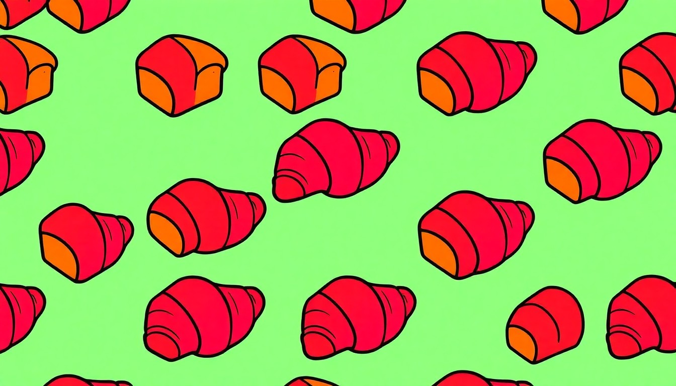 A vibrant, high-contrast silkscreen print featuring a grid of cube-shaped croissants in neon pink, yellow, and blue hues with heavy black outlines, conceptually representing the unique pastries offered at Zeppola Cafe.