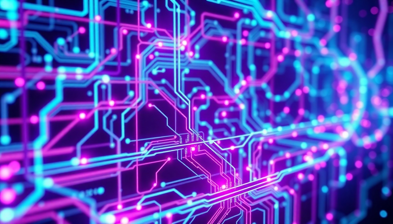 A highly detailed, glowing 3D illustration of interconnected circuits, data cables, and pulsing energy fields in shades of neon blue, purple, and magenta, conceptually representing the complex technical and institutional infrastructure underlying the development of advanced AI systems.