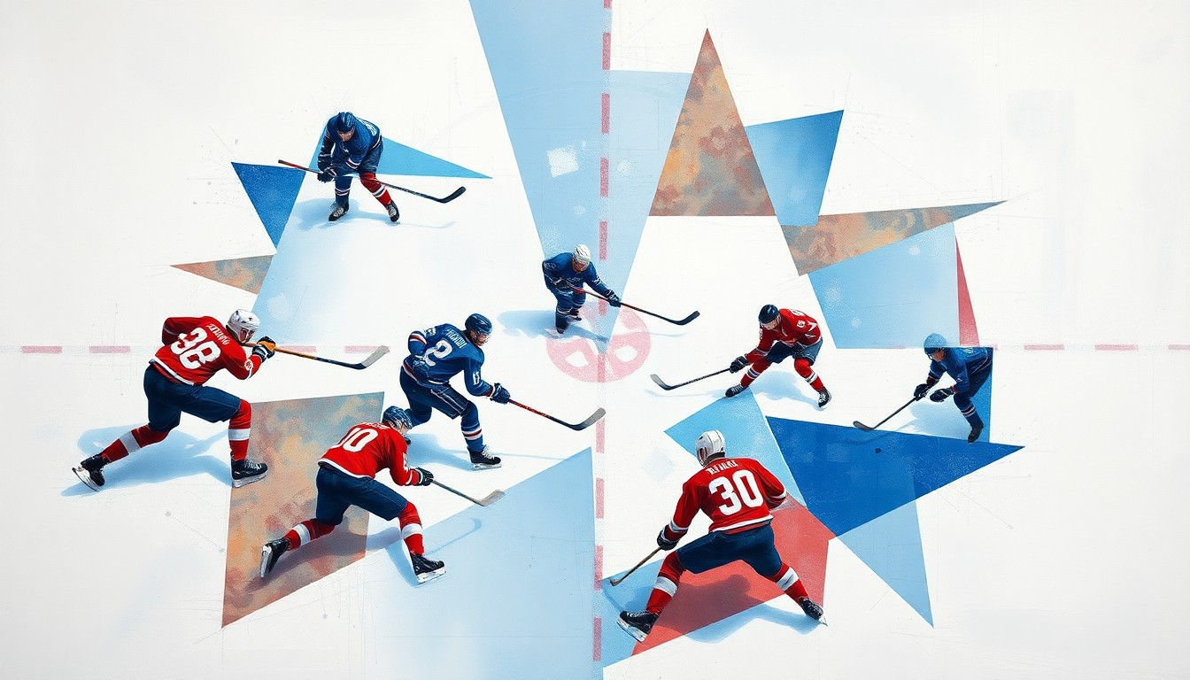 A cubist, geometric painting depicting a hockey game, with the players and ice broken down into overlapping planes of blue, red, and white, creating a fractured, abstract representation of the sport.
