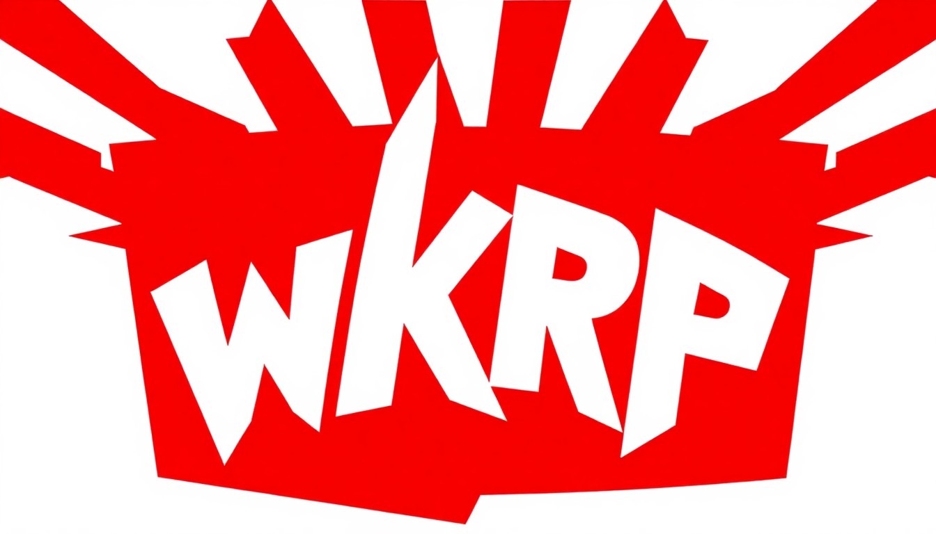 An abstract, minimalist composition featuring bold, jagged shapes in red, white, and black, representing the iconic WKRP call sign and the nostalgic spirit of the classic TV sitcom.
