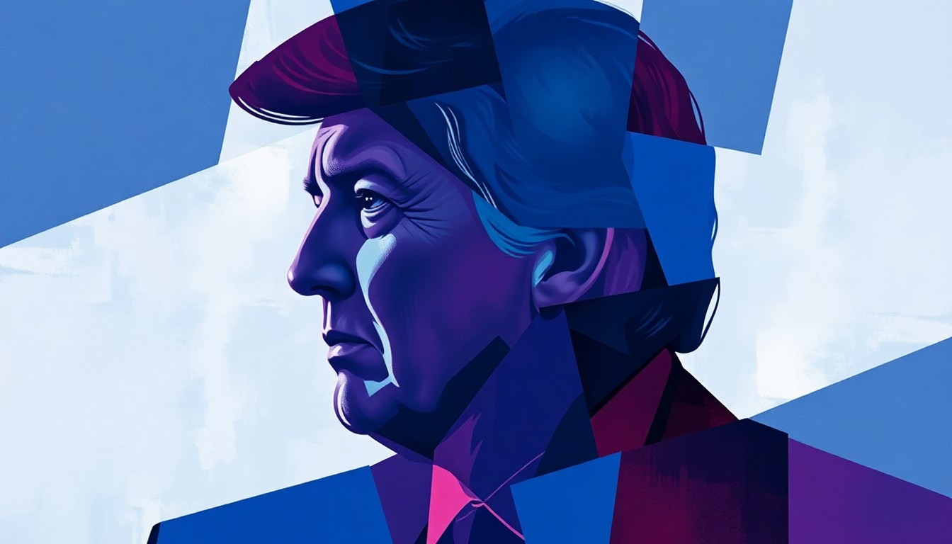 A dynamic, abstract painting featuring a fractured silhouette of a politician in overlapping waves of deep blue, violet, and crimson, conveying a sense of political turmoil and uncertainty.