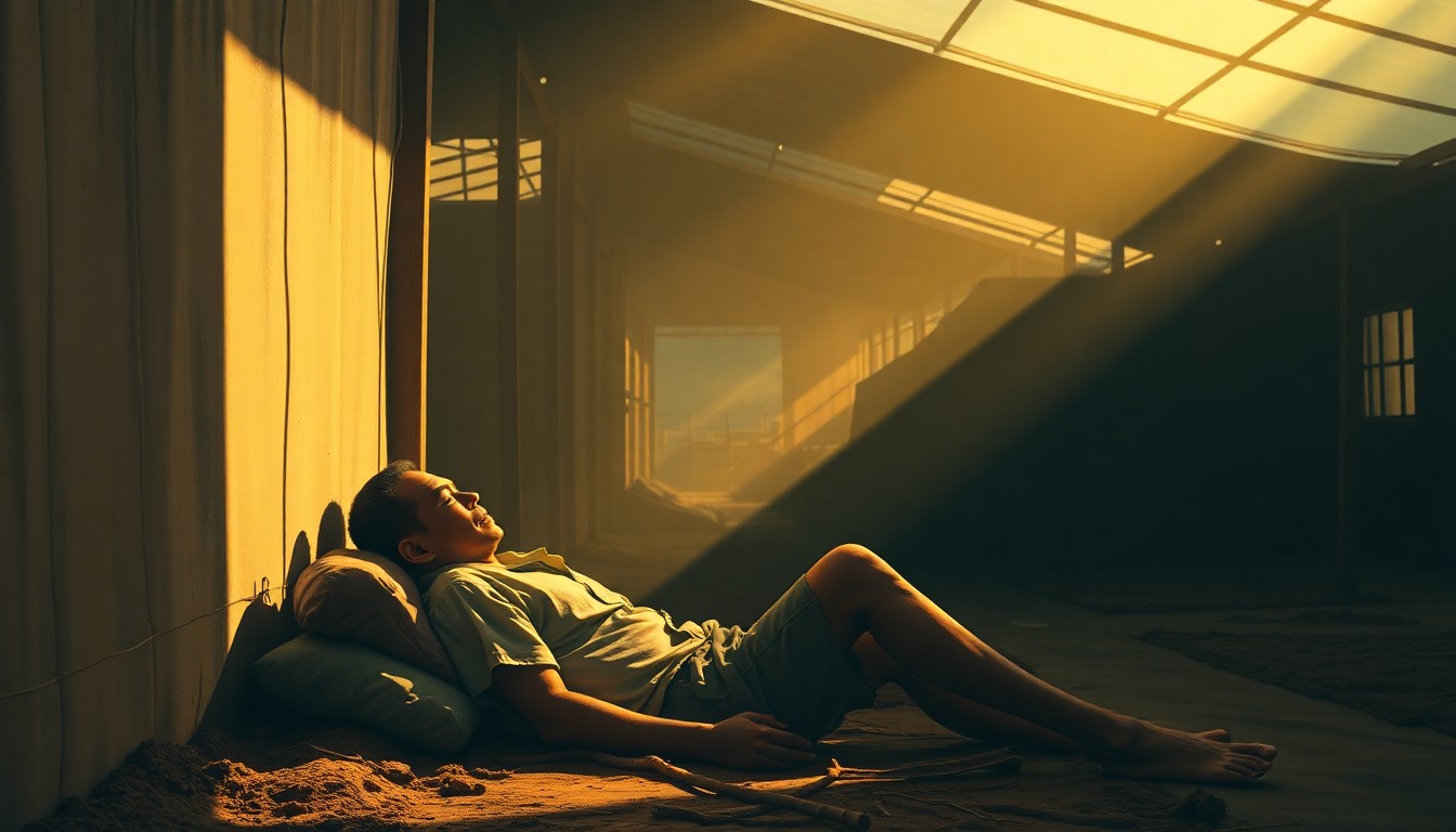 A serene, painterly image of a lone Filipino farmworker resting in a labor camp, the warm light and deep shadows conveying a sense of quiet resilience in the face of difficult conditions.