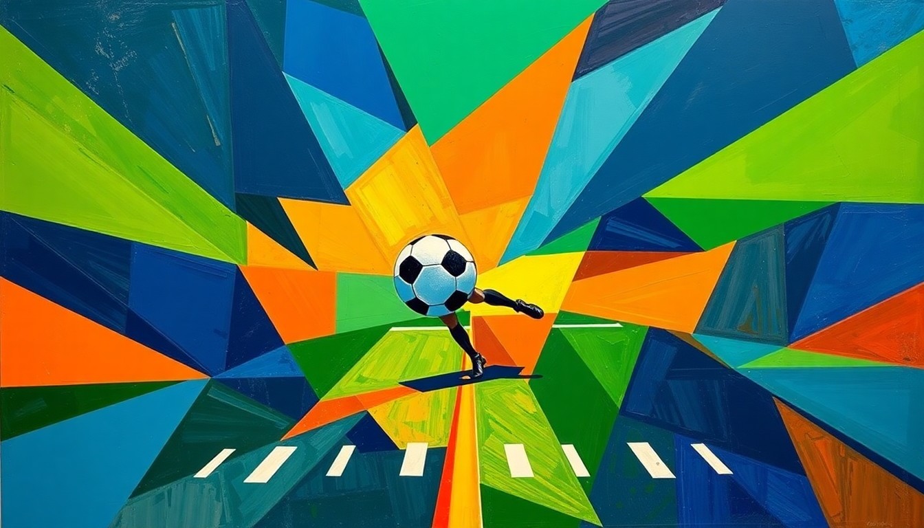 A fragmented, geometric painting depicting a football field goal kick broken down into sharp, overlapping planes of color, conveying the conceptual idea of the evolving power and precision of NFL kickers.