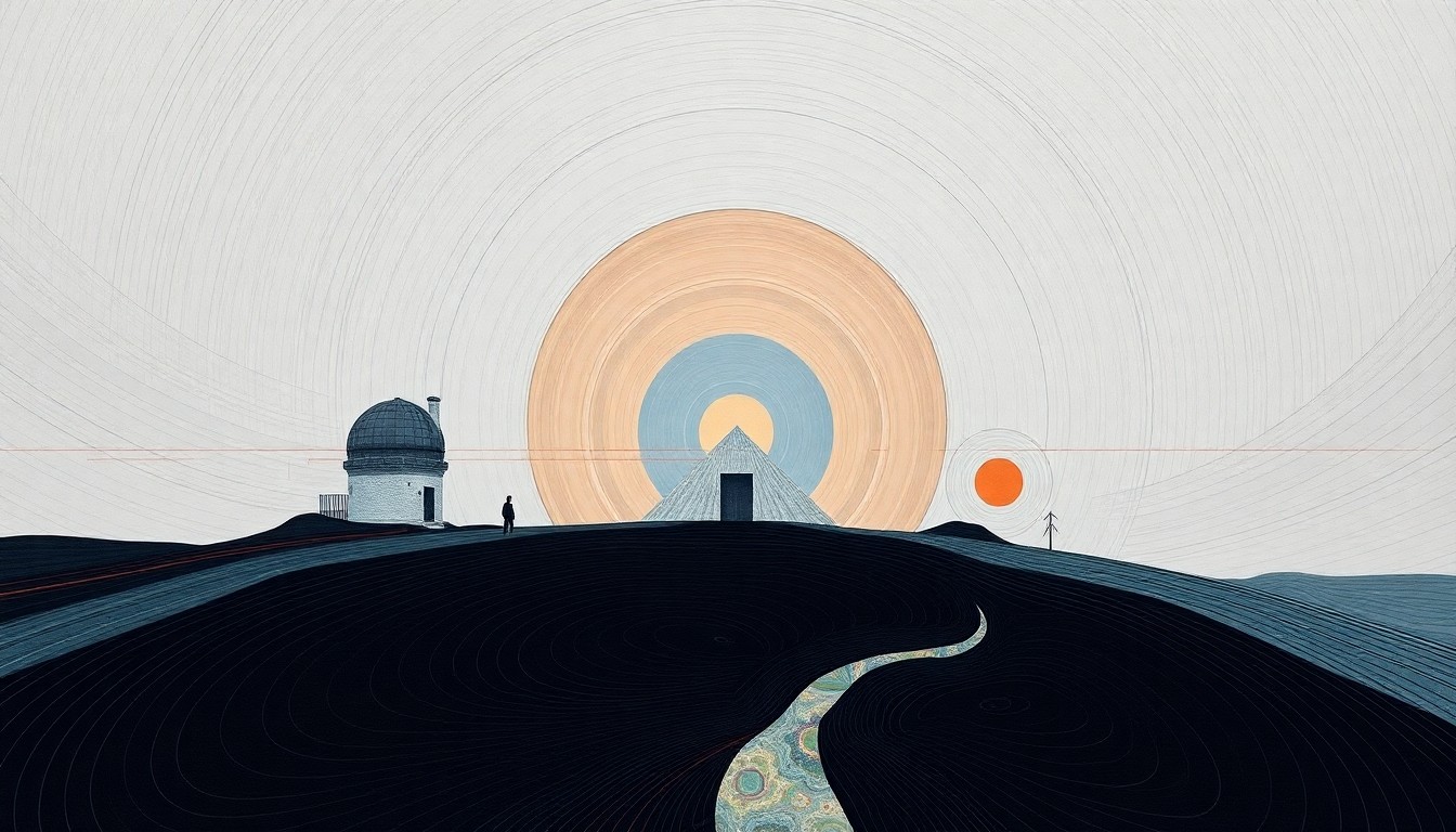 A highly textured, abstract painting in soft shades of blue, green, and gray, featuring sweeping geometric arcs, concentric circles, and precise botanical spirals, conceptually representing the powerful wind forces that damaged the Lick Observatory.