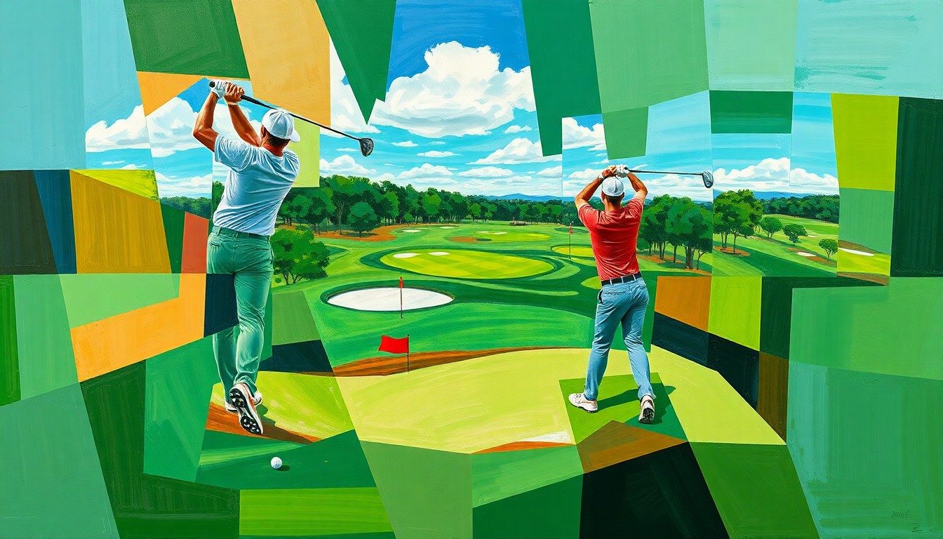 A cubist, geometric painting depicting a golfer's swing and the Augusta National golf course broken down into overlapping planes of color, conveying a sense of fractured perspectives and uneven playing conditions.