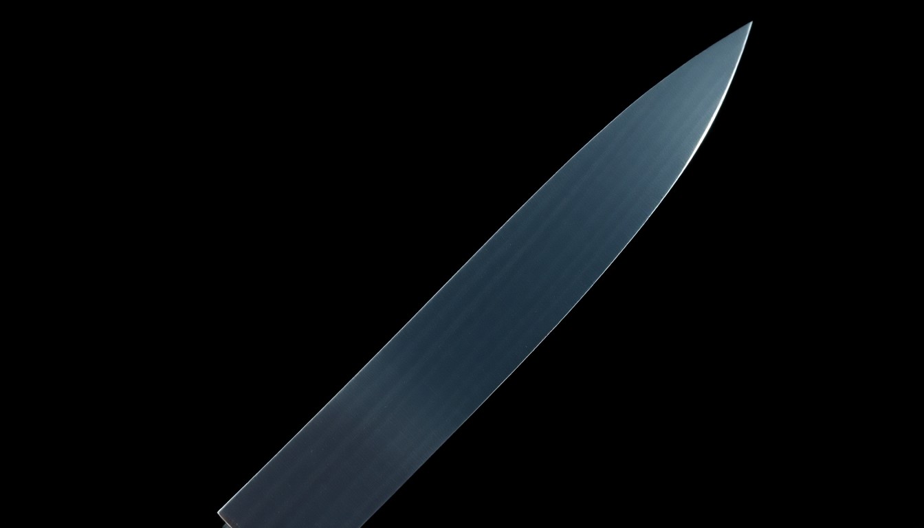 An extreme close-up photograph of a single knife blade against a pitch-black background, lit by a harsh, direct camera flash, conceptually representing the violent crime that occurred at Grand Central Station.