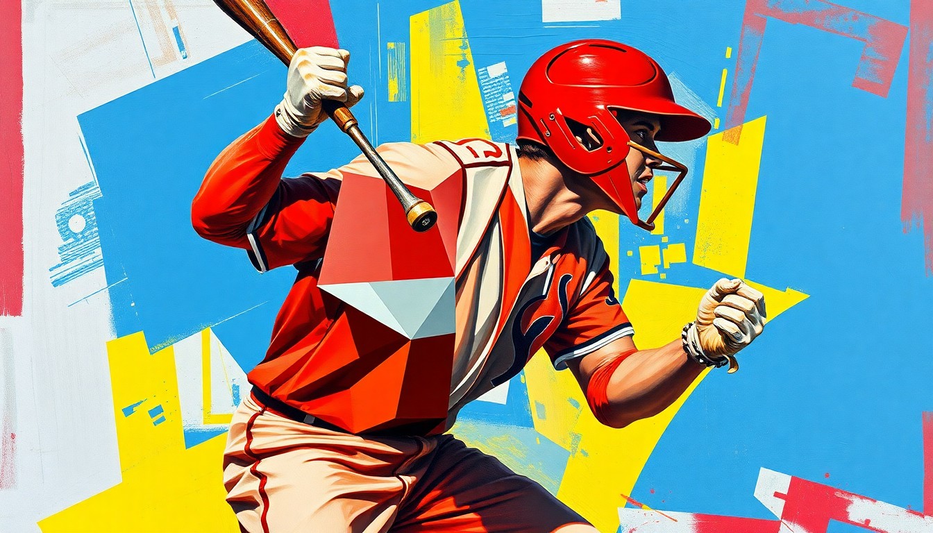 A fragmented, geometric painting depicting a baseball catcher in motion, with sharp planes of color and overlapping perspectives, conveying the dynamic nature of the sport.