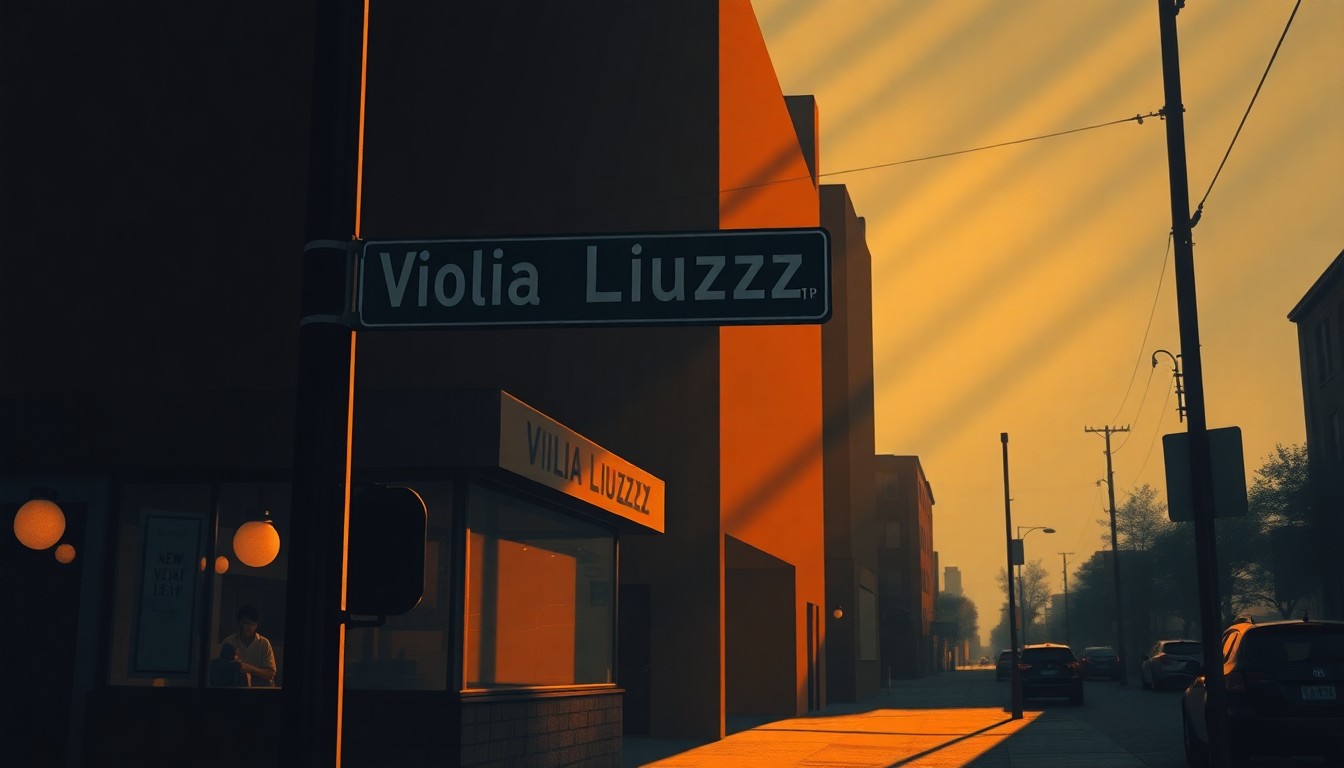 A photorealistic painting of a street corner in Detroit, with a new street sign reading 'Viola Liuzzo Way' in the center, surrounded by warm sunlight and deep shadows, capturing the somber yet hopeful mood of commemorating an unsung civil rights hero.