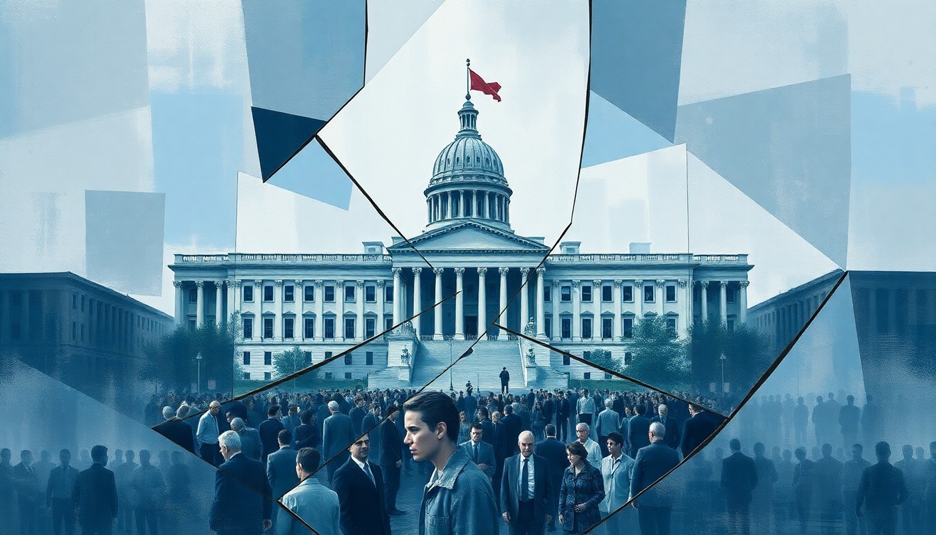 A dynamic, abstract painting featuring overlapping, fragmented shapes and figures in shades of blue, grey, and white, conveying a sense of political turmoil and fragmentation without depicting any specific individuals or buildings.