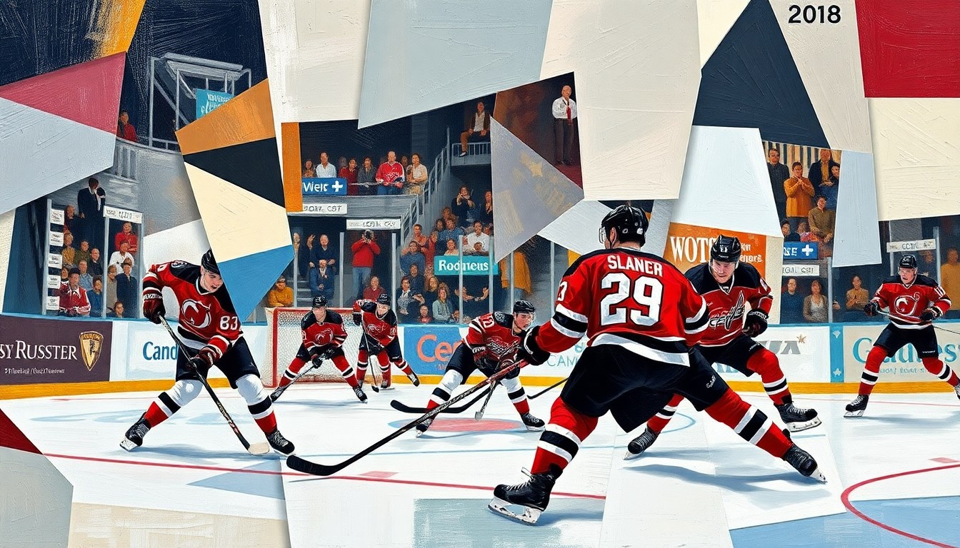 A fractured, multi-perspective painting in a cubist style, breaking down a hockey game between two teams into sharp, overlapping geometric planes, conveying the raw energy and movement of the players on the ice.
