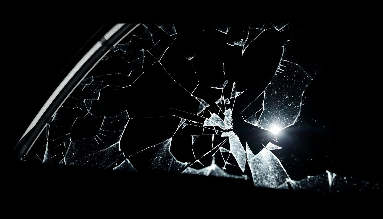 An extreme close-up photograph of a shattered car window, capturing the dramatic aftermath of a confrontation between law enforcement and a suspected criminal, conveying a sense of urgency and investigation.