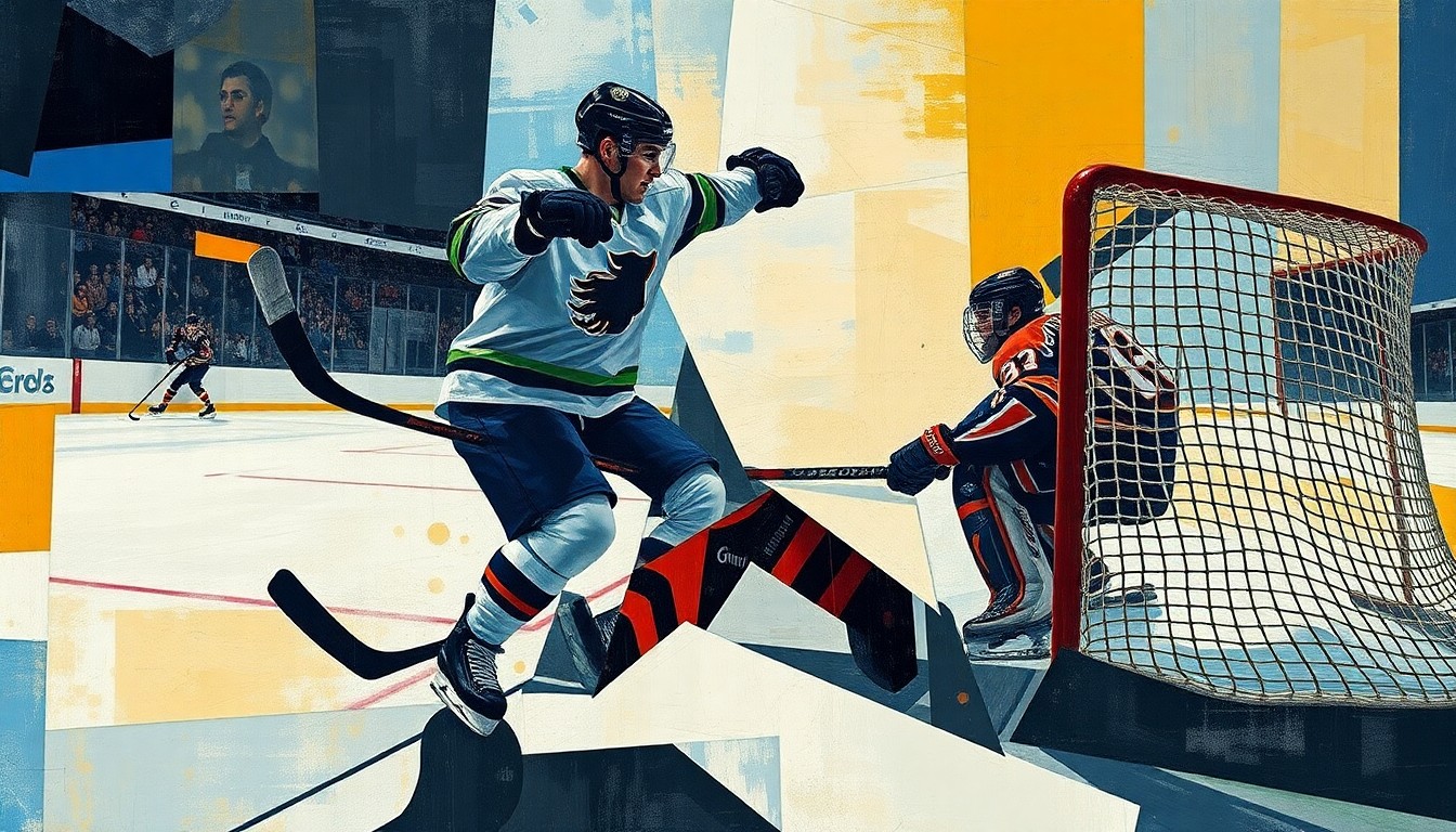 A cubist, geometric painting depicting a hockey player in mid-motion, their form fractured and overlapping, conveying the emotional weight and split-second decisions that can define a game.