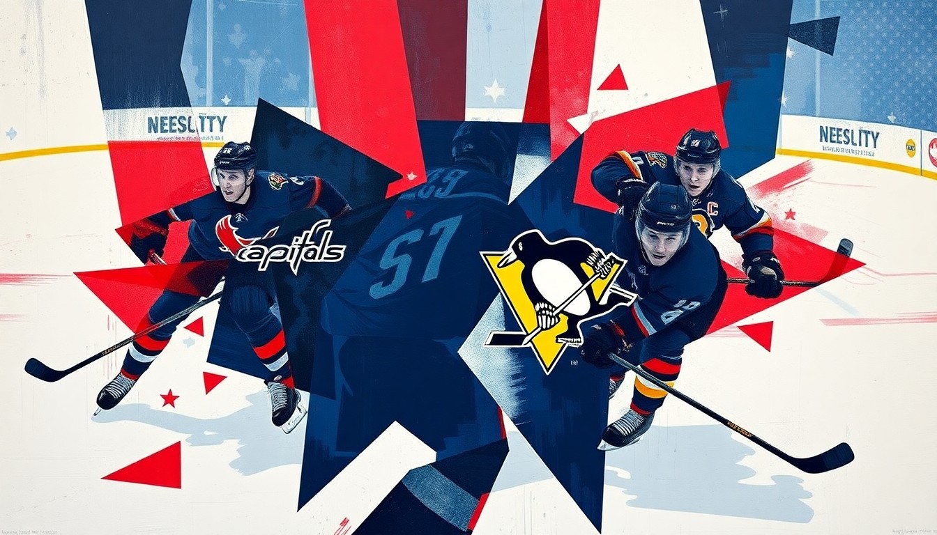 A fractured, multi-perspective painting featuring overlapping geometric shapes in navy, red, and white, conceptually representing a hockey game between the Washington Capitals and Pittsburgh Penguins.
