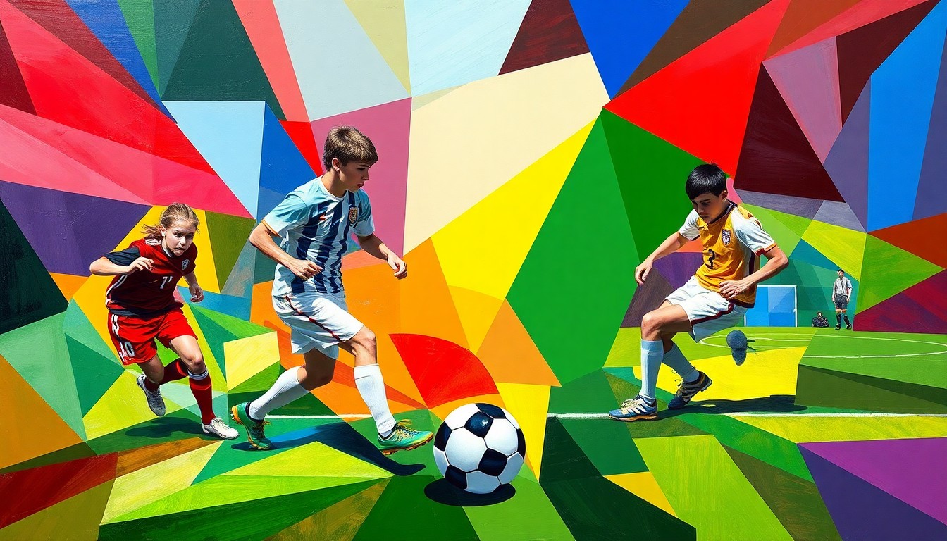 A cubist, geometric painting depicting the dynamic movements and action of a high school soccer match, with the players and ball rendered in overlapping, angular shapes in the teams' official colors.