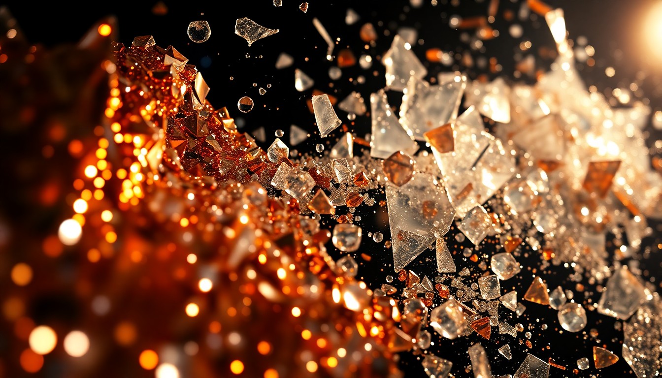 An extreme close-up photograph of shimmering sequins and shards of reflective glass, capturing the luxurious yet unsettling mood of Apple TV's trending dramas.