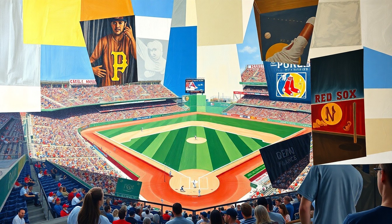 A fragmented, geometric painting depicting a baseball game between two teams, with overlapping shapes and planes representing the dynamic action on the field.