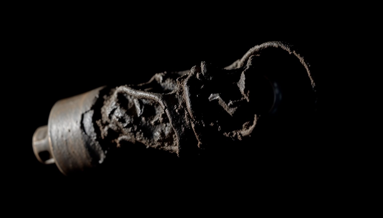 An extreme close-up of a charred, twisted metal object from the warehouse fire, capturing the stark, gritty aftermath of the blaze.